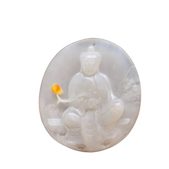 Chinese White Hetian Jade Pendant w Guanyin & Ruyi
